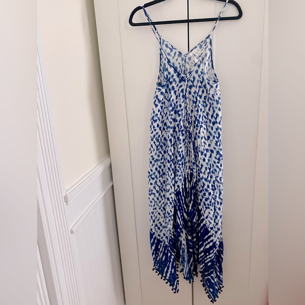Japan Goa Beach Wear Blue & White Tie Dye Cover Up with Velvet Pom Pom Tassels